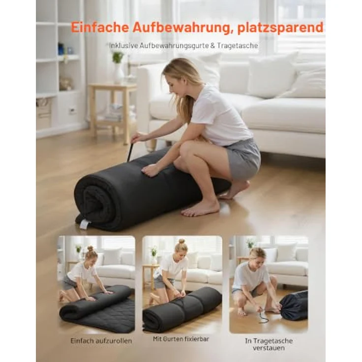 VEVOR japanische Futon-Matratze (2032 x 1524 x 89 mm), Faltbare Tatami (Queen Size), Bodenmatratze mit Aufbewahrungstasche & Befestigungsmaterial, 9-lagige Schlafmatte für Meditation Yoga, Schwarz – Bild 6