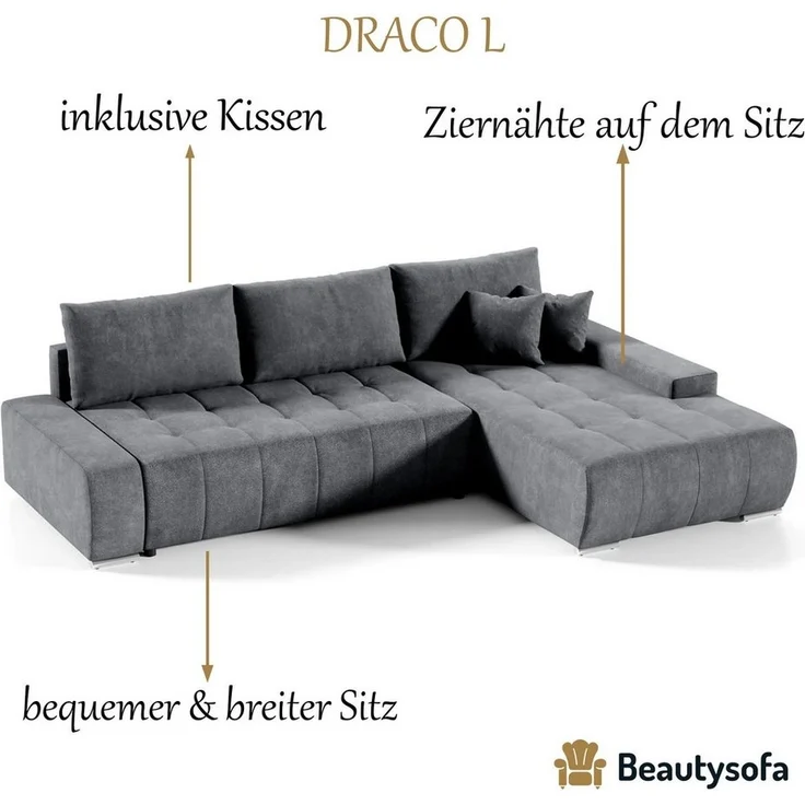 Beautysofa Ecksofa Draco L, Grau, Dunkelgrau, inkl. Wellenfedern Ecke mit Einfügung, mit Schlaffunktion – Bild 3