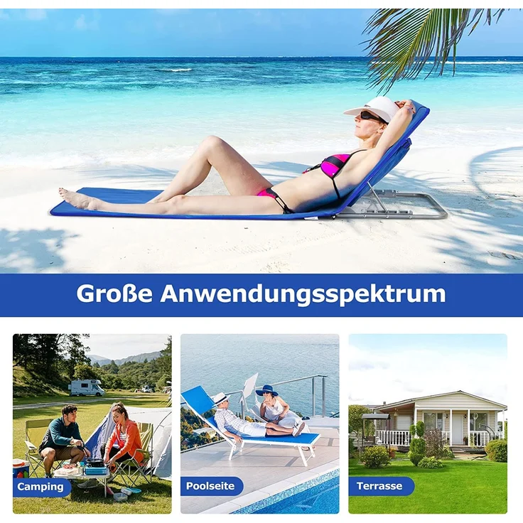 COSTWAY 2x Strandmatte mit Beistelltisch, verstellbare Rückenlehne, faltbar (Blau) – Bild 3