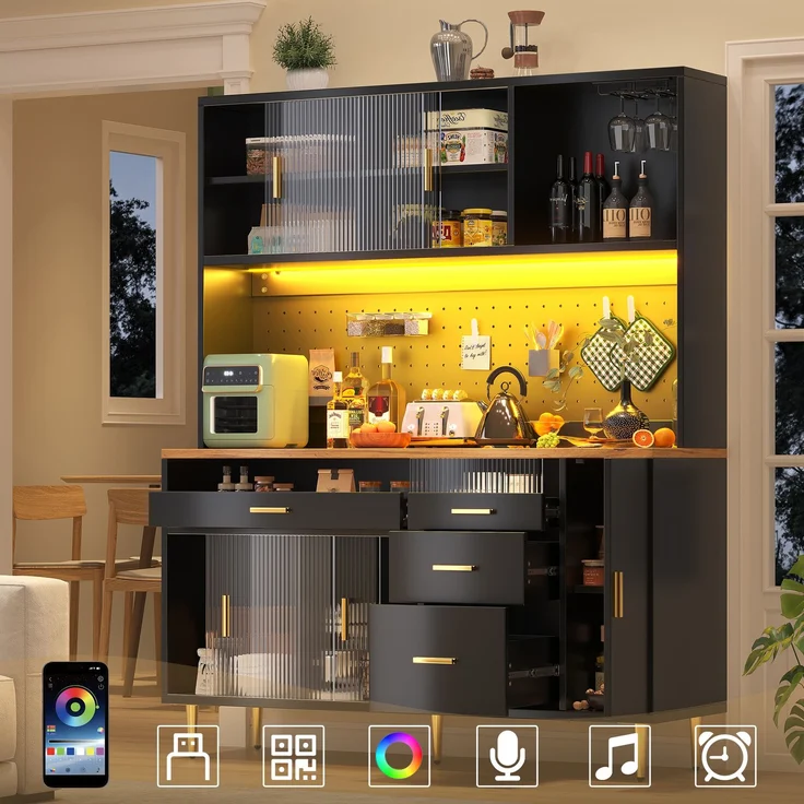 Merax 171cm Hochschränke fürs Wohnzimmer, Küchenschrank, Esszimmerschrank, Schränke mit LED-Beleuchtung, Hoher Schrank mit Lochwandregalen, schwarz – Bild 2