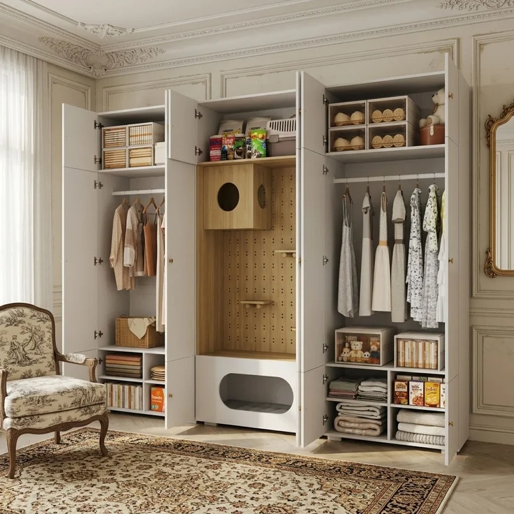 CHICFURN Kleiderschrank 270x200x50 cm aus Spanplatte mit Kleiderstange und Katzenkletterwand – Weiß/Holzoptik – Bild 5