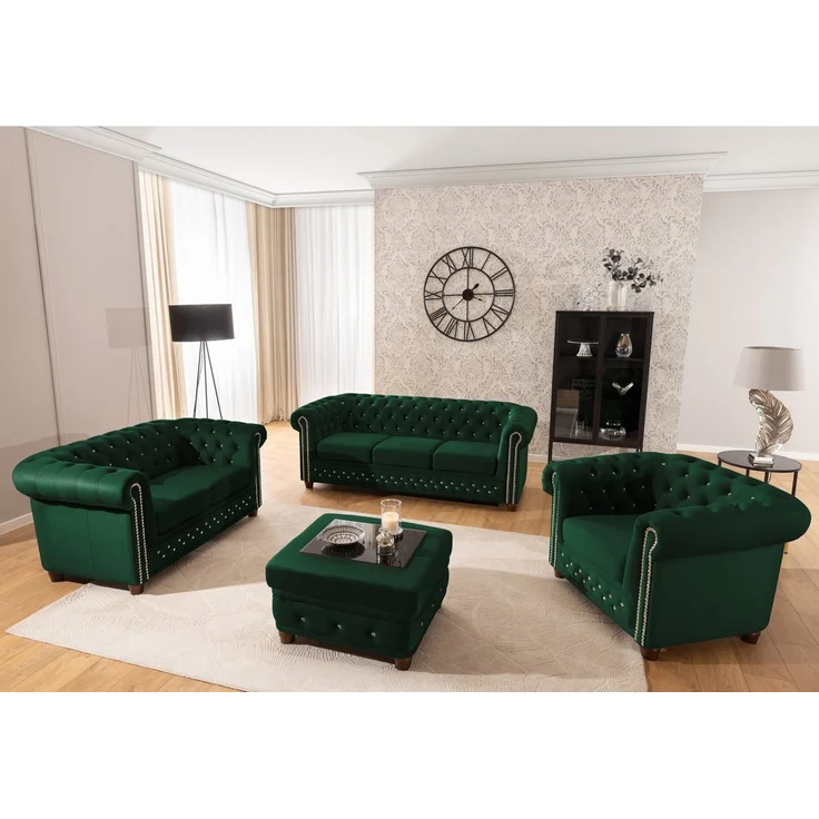 S-Style Möbel Chesterfield-Sofa 3-Sitzer mit Schlaffunktion Cleo Blink aus Samt mit Kristallsteppung, mit Wellenfederung – Bild 4