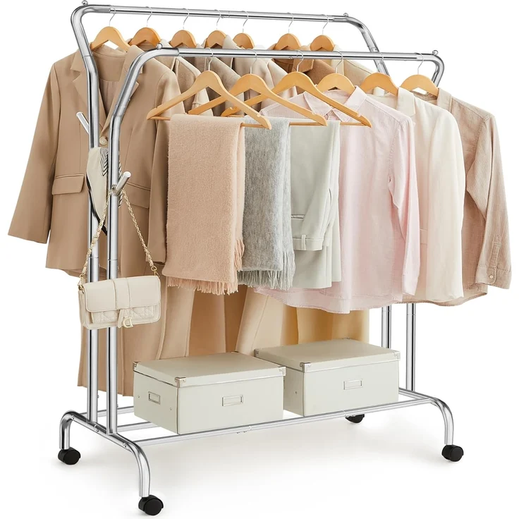 SONGMICS Kleiderständer auf Rollen, 2 Kleiderstangen, Garderobenstange, Garderobenständer aus Stahlrohren, bis 100 kg belastbar, 103,5 cm breit, multifunktionale Aufbewahrung, silbern HSR107E01 – Bild 1
