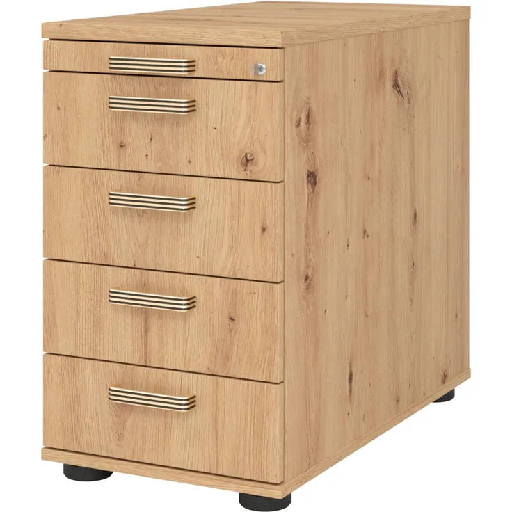 bümö Schreibtisch Schrank abschließbar, Schubladenschrank Holz in Asteiche, Container mit Schubladen - Schubladen Schrank Büro, Schreibtisch Container od. Schreibtisch Kommode mit Streifengriffe, SC50-R-R-SG
