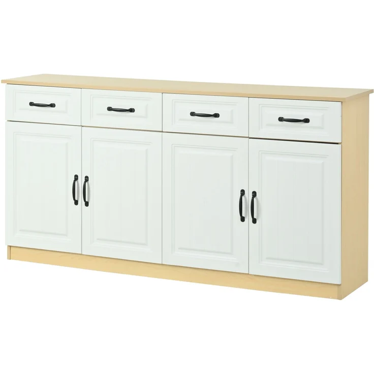 DESVIAE Sideboard mit 4 Schubladen und 4 Türen 160x80x35 cm MDF Weiß/Naturholzfarbe – Bild 8