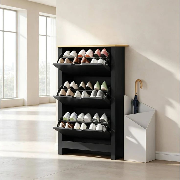 DESVIAE Garderobenschrank Schwarz aus Spanplatte – 72x112x26 cm – 3 Klapptüren – Bild 8