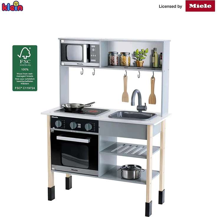 Theo Klein 7199 'Miele' Kinderküche inkl. Kochfeld mit Sound- und Licht, edles Küchen-Zubehör, nicht erhitzbar, Edelstahl / Holz, 70 x 30 x 91 cm – Bild 7