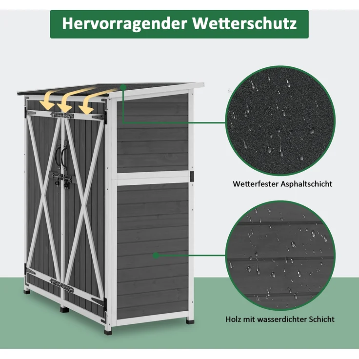 M MCombo Gartenschrank Holz Wetterfest, Klein Outdoor Gartenhaus Gerätehaus, für Außenbereich & Balkon & Terrasse, 0707 (Grau) – Bild 7