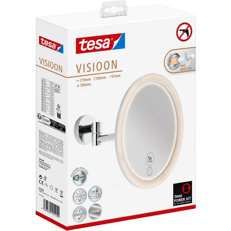 tesa Schminkspiegel Visioon Kosmetikspiegel mit Beleuchtung, Montage ohne Bohren, Chrom (Komplett-Set, 1-St, Make-Up-Spiegel mit Schwenkarm, USB-C-Ladekabel, Power. Kit Klebelösung), Wandspiegel mit dimmbaren LEDs, 5-fach Vergrößerung, Touch-Bedienung