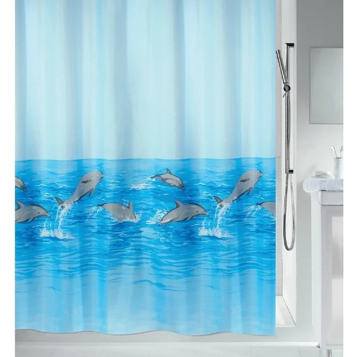 spirella Duschvorhang NEMO Breite 120 cm, Premium Textil-Duschvorhang, 100% Polyester, Made in Europe, wasserabweisend, Anti-Schimmel-Effekt, waschbar 30°, Delfin Motiv, Farbe acqua blau, Größe 120 x 200 cm – Bild 1