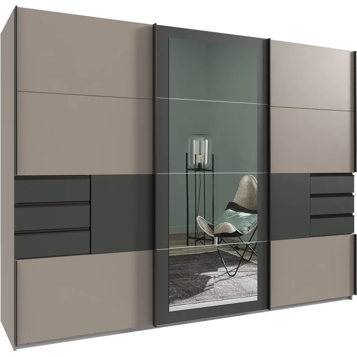 Schwebetürenschrank Kleiderschrank 270 cm 3-türig Schubladen Spiegel Sand Grau Grafit – Bild 1