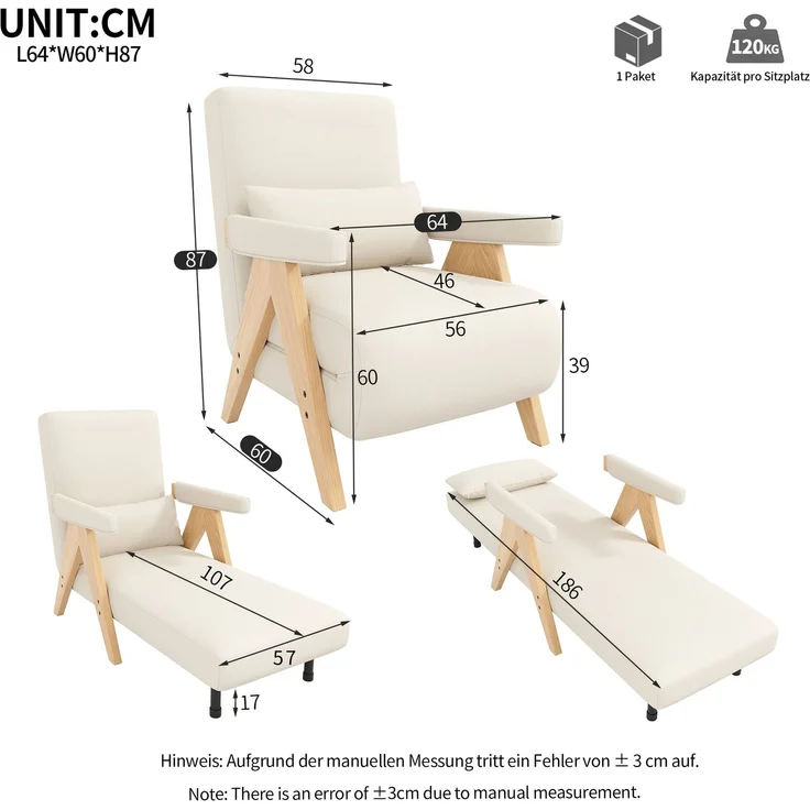 Sessel Leinen 3-in-1 verstellbar, 87 x 60 x 64 cm – Relaxsessel mit 6-stufiger Rückenlehne & Massivholzfüßen,Beige & Natur – Bild 10