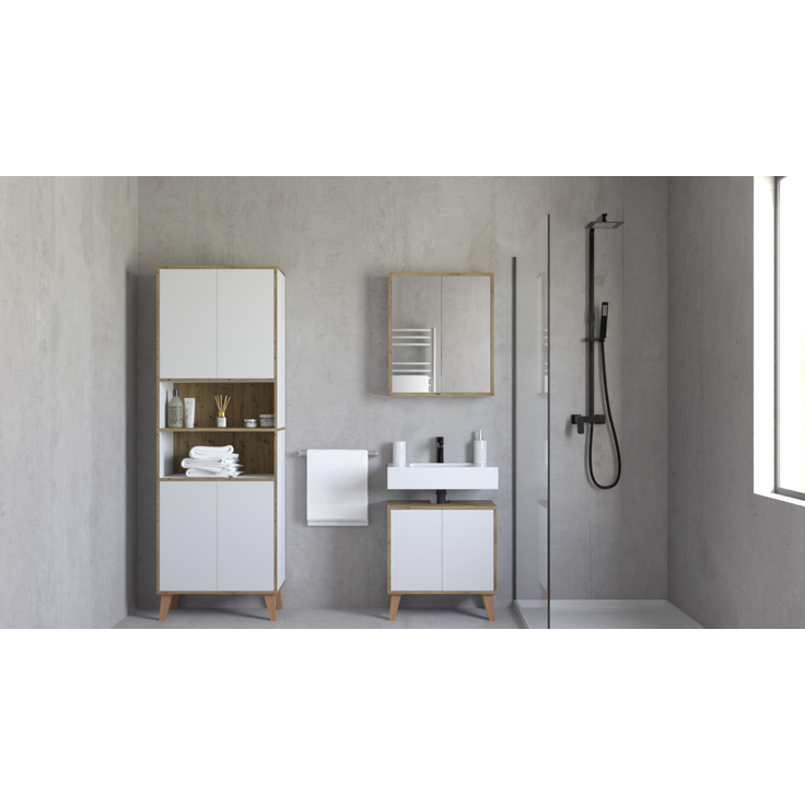 Badschrank MORENA mit 4 Türen und 2 offenen Fächern, Cashmere/Eiche – Bild 3
