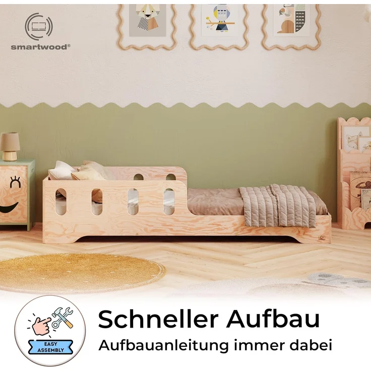 smartwood Kinderbett 120x200 cm Montessori Bodenbett mit Rausfallschutz & Lattenrost - Aus handbemaltem Sperrholz - Sicher für Jungen und Mädchen - Einfache Montage - TILA 6 – Bild 4