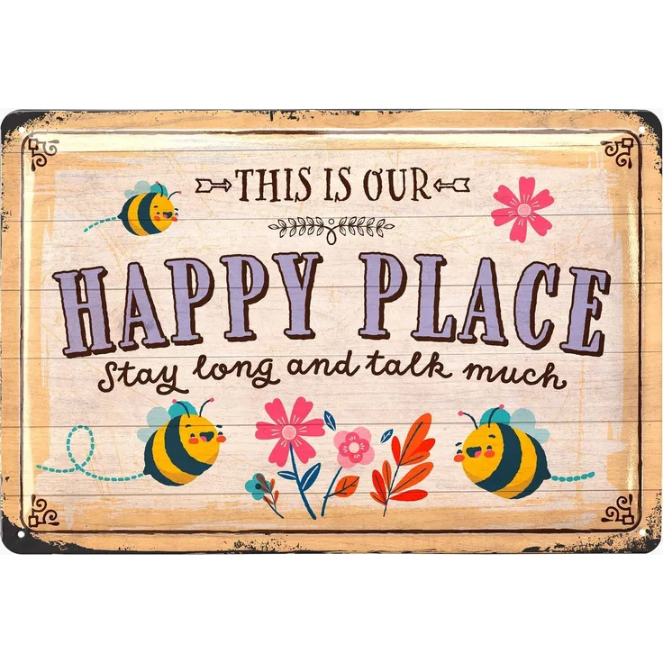 LANOLU Blechschild Happy Place - 20x30cm – Metall – Mehrfarbig – 20307
