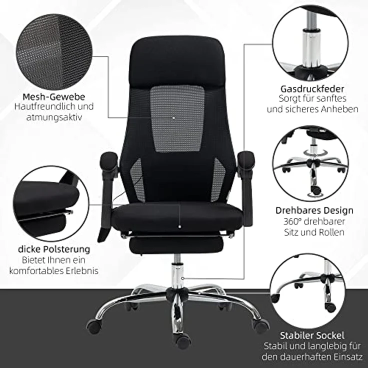 Vinsetto Bürostuhl mit Massagefunktion und Liegefunktion, ergonomischer Gaming Stuhl mit USB-Schnittstelle und atmungsaktivem Netzgewebe – Bild 8