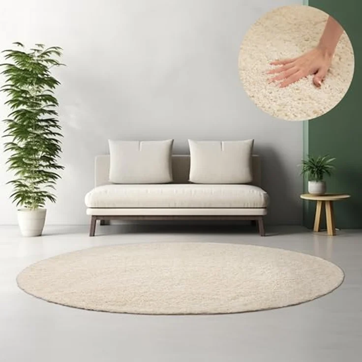 HomebyHome Teppich Rund Hochflor 80 cm Rund - Shaggy Runder Teppich Wohnzimmer Creme Extra Weich und Flauschig - Waschbarer Langflor Teppiche für Schlafzimmer, Küche, Flur - Carpet, Halı, Kilim – Bild 1