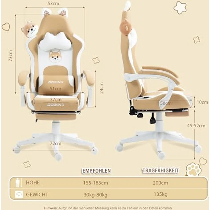 Dowinx Gaming Stuhl - Süße Hund Edition - Ergonomischer Computerstuhl mit Hoher Rückenlehne und Lendenwirbelstütze, PU-Leder, Fußstütze, Hund – Bild 4
