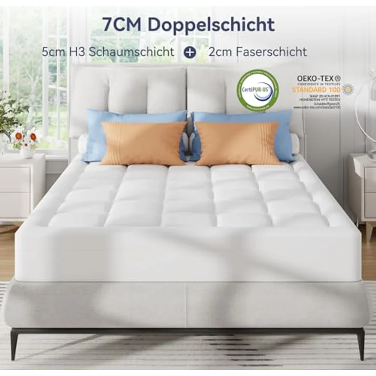 ELEMUSE Matratzen Topper 180x200 cm, H3 Gel Topper mit Waschbarem Flauschigem Bezug und Gelschaum, 7CM Höhe Weicher und Bequemer Matratzentopper für Boxspringbett und Unbequeme Betten Schlafsofa – Bild 8