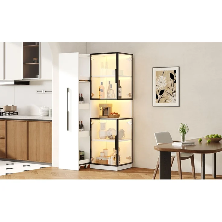 ZUBALIYA Vitrinenschrank 70×38×160 cm mit Ausziehregal – Doppelglas-Standvitrine LED,Glasvitrine & Aufbewahrung, multifunktionaler Hochschrank für Wohnzimmer, Esszimmer, Küche – Bild 15