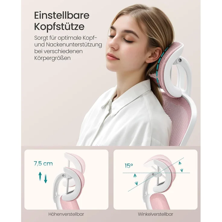 Songmics Bürostuhl ergonomisch, mit Mesh, gepolsterte Lendenstütze, Wippfunktion, 53 cm große Sitzfläche, klappbare Armlehnen, Kopfstütze, pastellrosa, 64x64 x (115-130) cm – Bild 5