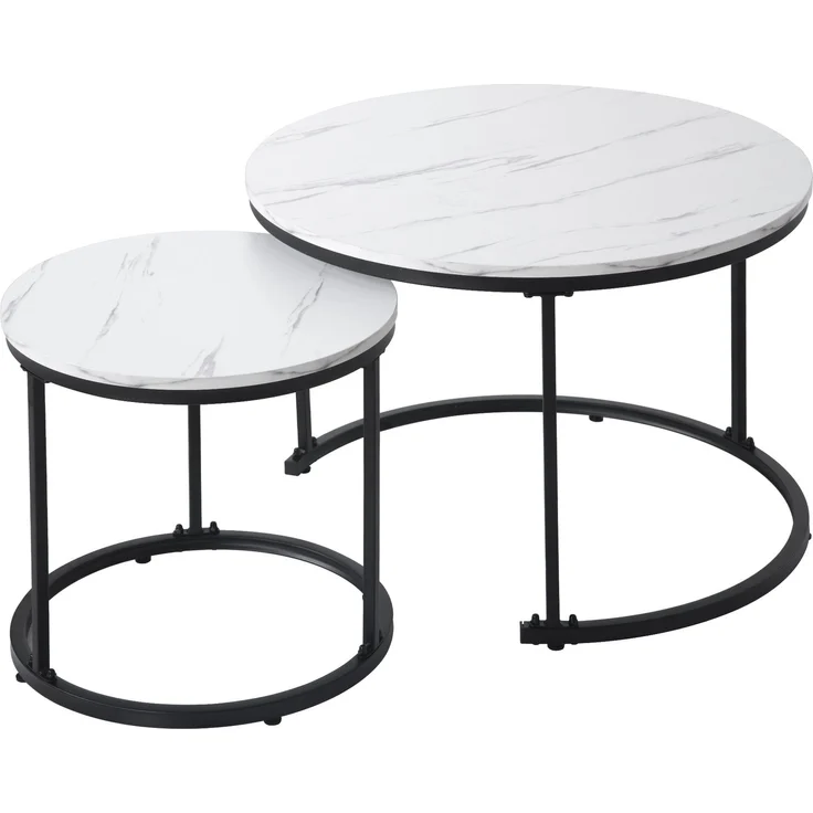 2er Set Runder Couchtisch Weiß-Marmor, Nesting Beistelltisch Wohnzimmer, Moderner Sofatisch aus MDF – Bild 7