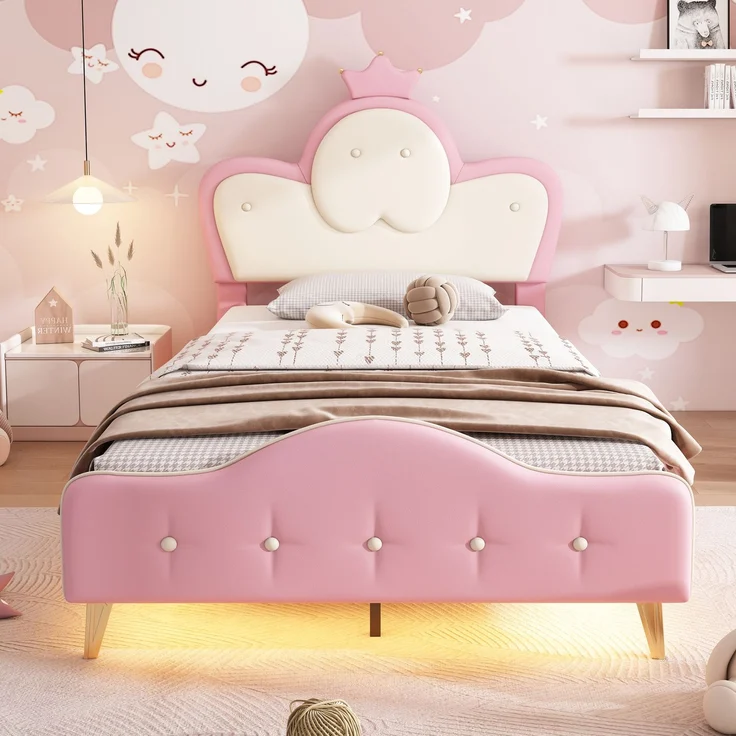 Merax 90x200CM Polsterbett, Kinderbett, mit weichen Schutzkanten, Monochromer LED-Streifen, Kopfteil mit Krone, Bettfüße aus Metall, Wellenform mit Zugpunkt am Kopfende des Bettes, Einzelbett, PU, Rosa+Weiß – Bild 2