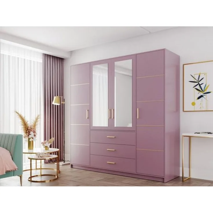 Compleo Kleiderschrank mit 4 Türen und Spiegel, Garderobe mit 3 Schubladen ALEX II Gold griffe