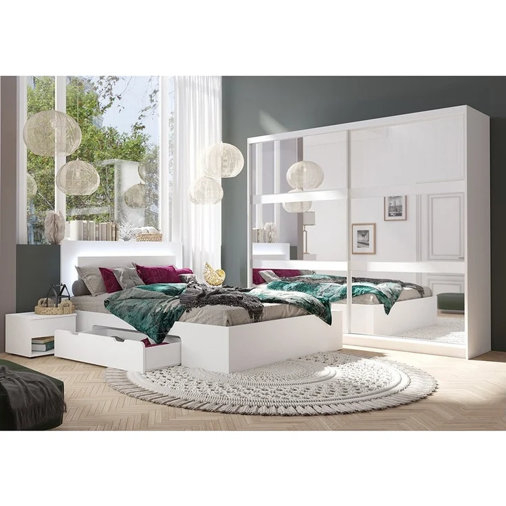 Lomadox Schlafzimmer-Set FAIDO-166, (Spar-Set, 4-tlg, Kommode Nachttische Bett Schwebetürenschrank), weiß, Kopfteil mit LED-Beleuchtung, Liegefläche 180x200cm – Bild 1