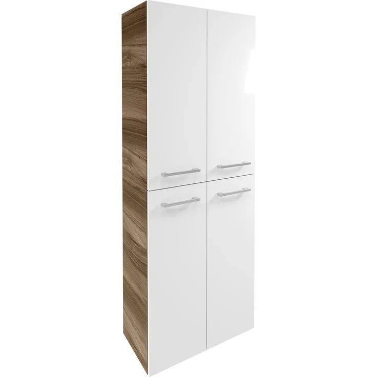 Fackelmann VERONA Doppel Hochschrank mit Schublade 60 cm, Braun Dunkel/Weiß Hochglanz