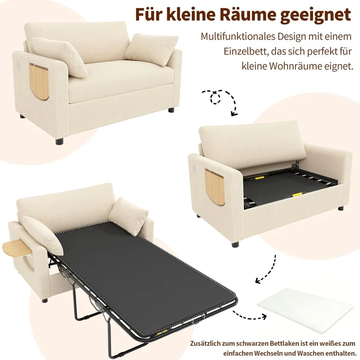 Schlafsofa 134/223x82x84 cm in Beige, Cord mit Schlaffunktion, Matratze, USB/USB-C und klappbarem Seitentisch – Bild 8