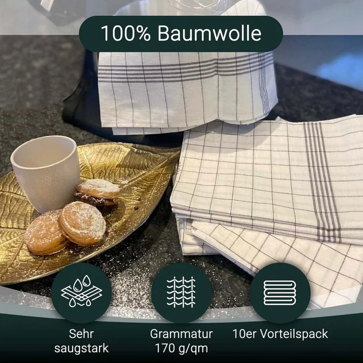 ZOLLNER 10er Set Geschirrtücher Baumwolle in 50x70 cm - super saugstarke und langlebige Küchentücher - waschbar bis 95°C – in grau weiß kariert - Gastronomiequalität - Oeko Tex® Zertifiziert – Bild 3
