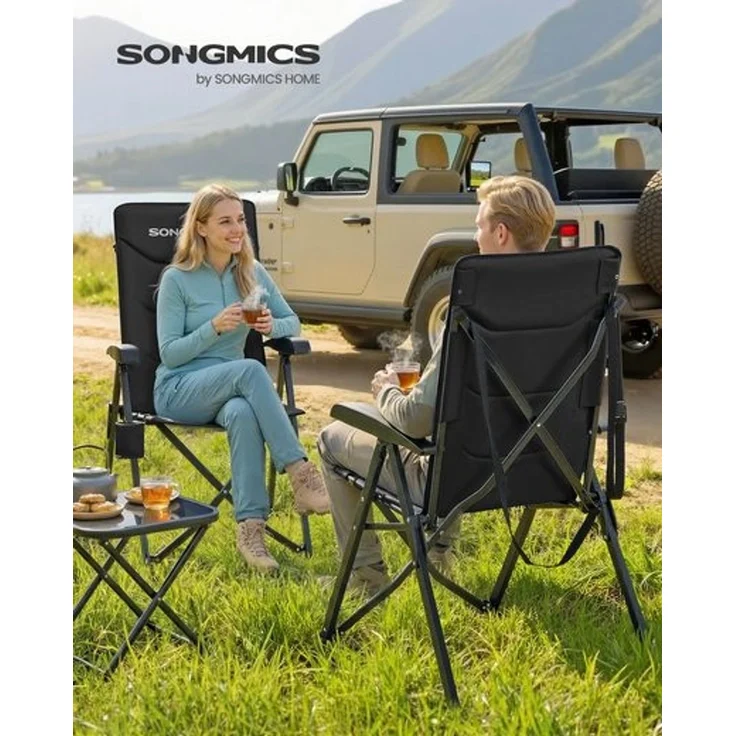 SONGMICS Campingstuhl faltbar, 2er Set, 95°-150° verstellbare Rückenlehne, Klappstuhl, drehbarer Getränkehalter, Tragetasche, Schultergurt, für Garten, Camping, Angeln, schwarz – Bild 2