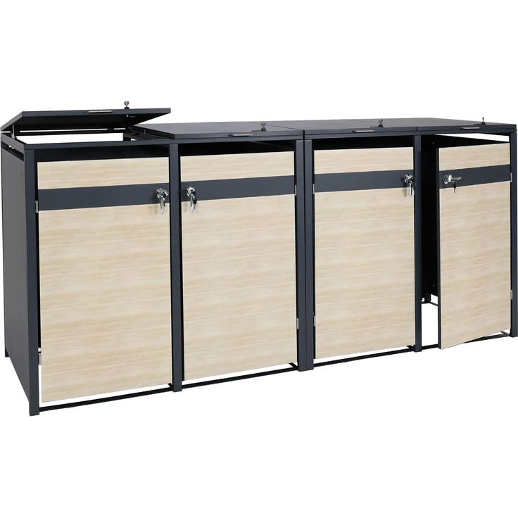 4er Mülltonnenverkleidung HWC-J82, Mülltonnenbox, erweiterbar, Metall 100kg, anthrazit ~ Buche-Holzoptik hellbraun – Bild 9