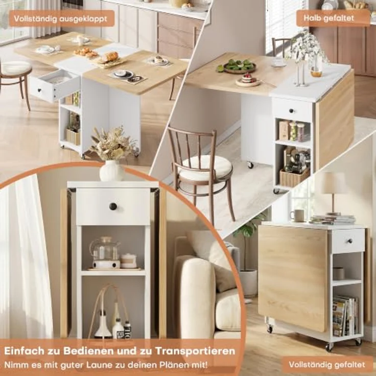 Jocoevol Platzsparender klappbarer Esstisch für 4 Personen, Klappbarer Esstisch mit Schublade und Ablagefach,Küchen und Esszimmertisch mit Rollen und Ausklappbarer Tischplatte für Kleine Räume-Weiß – Bild 6