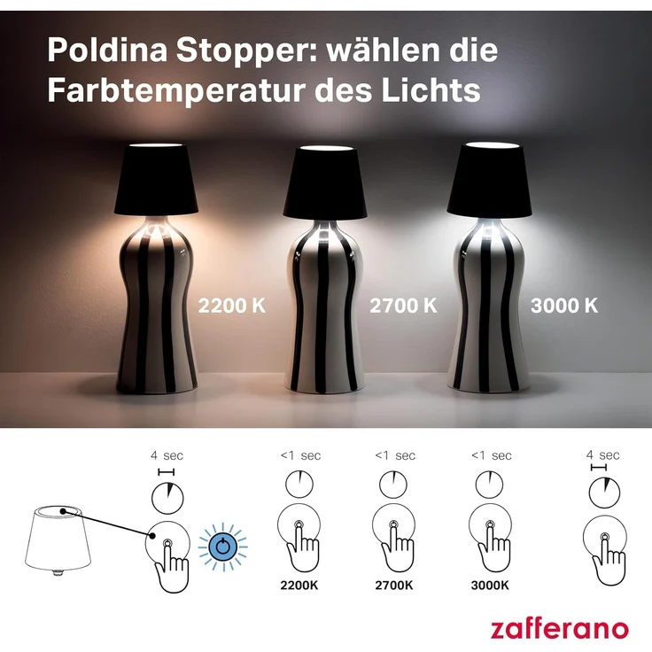 Zafferano, Poldina Stopper Lampe, Kabellose und Wiederaufladbare Flaschenlampe mit Touch Control, Geeignet für den Innen- und Außenbereich, Dimmer, 2200-3000 K, Höhe 11 cm, Farbe Salbei – Bild 6