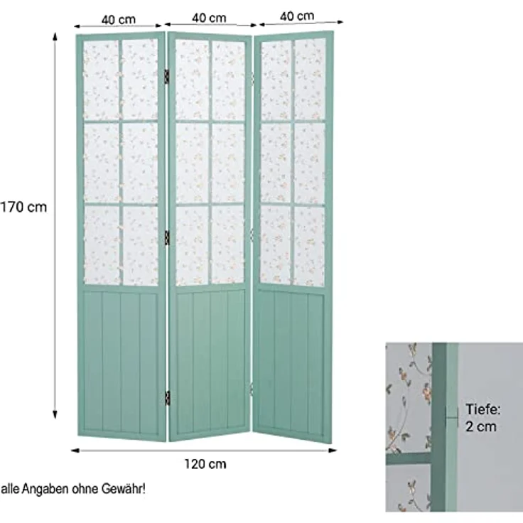 Homestyle4u Paravent, 3-teiliger Raumteiler aus Holz, türkis, mit Fenster Design und dezentem Blütenmuster, 120x170x2 cm, zusammenklappbar – Bild 4