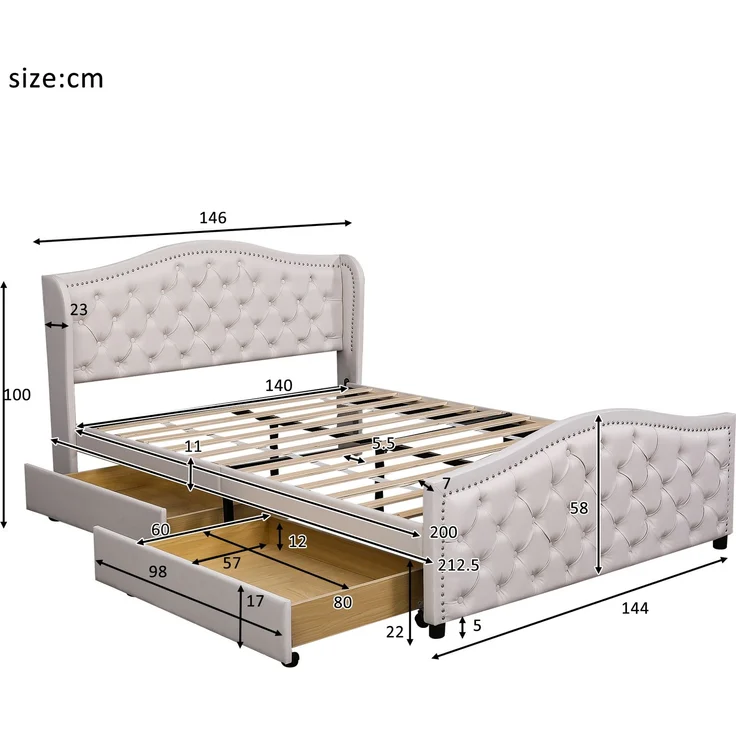 EINHOM Polsterbett 140 x 200 cm - Bett mit Lattenrost, 2 Schubladen und Kopfteil mit Zugpunktnieten – Holz & Kunstleder - Weiß – Jugendbett Gästebett, Weiß PU, (Ohne Matratze) – Bild 2