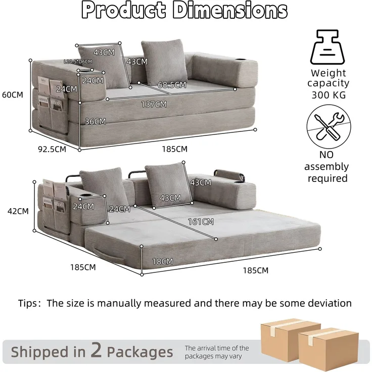 Wohnora-Floor Couch,Compression Sofa,Convertible Floor Sofa Bed-with Pillow Back Support Armrest,Comfy Sleeper Bed With Cupholder&Side Pocket,Corduroy Fabric,for Living Room Bedroom,Light Grey,H 60cm x T 185cm x B 925cm,HELLGRAU