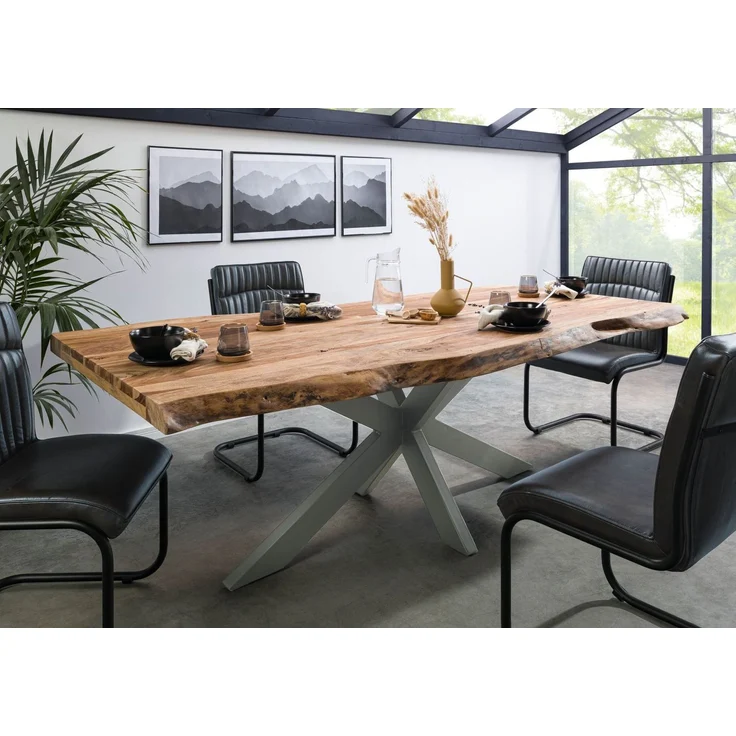 Baumtisch Sheesham 220 x 100 x 77 natur sandgestrahlt / Kreuzgestell silber matt FREEFORM 5 – Bild 8