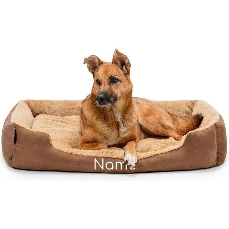 lionto Hundebett mit Wendekissen und Rutschfester Unterseite, Heimtierkissen mit tiefem Einstieg für Hunde und Katzen jeden Alters, 90x70 cm, kuscheliges Hundekissen, braun/beige (Namensaufdruck)