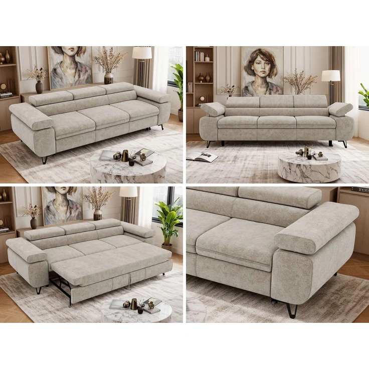 Polstersofa PETER, Sofa 3-Sitzer mit Schlaffunktion, verstellbaren Armlehnen und Kopfstütze, Gepolsterte Couch, Wellenfeder - Beige Struktur – Bild 2