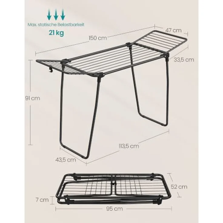 SONGMICS Wäscheständer, Standtrockner 47 x 150 x 91 cm, Flügelwäscheständer, Flügelwäschetrockner platzsparend, Metall, für Kleidung, Handtücher, tintenschwarz LLR520BH01 – Bild 6
