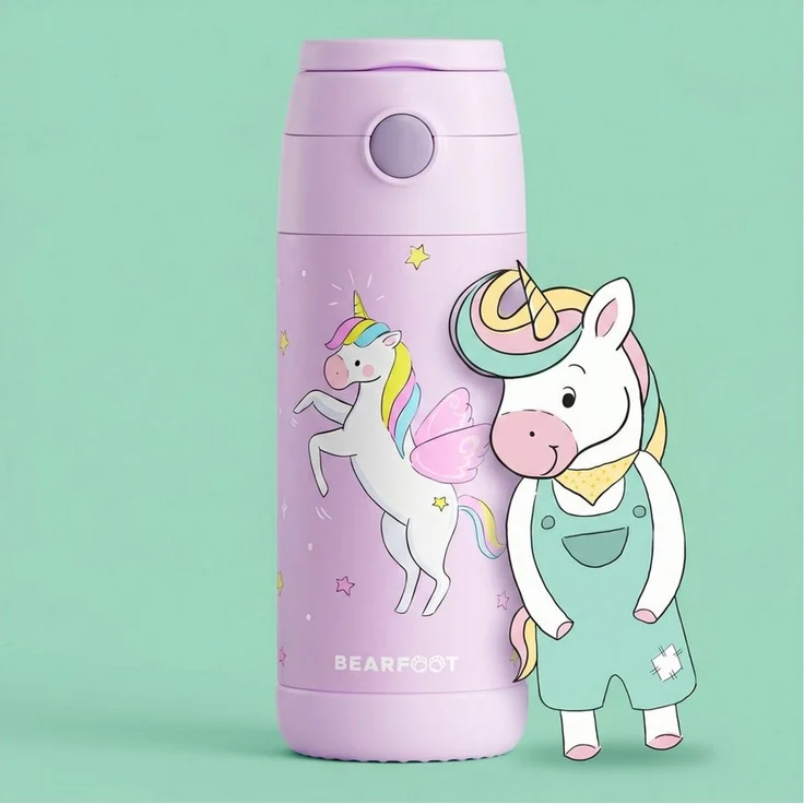 BEARFOOT Trinkflasche Thermo Kinder Trinkflasche Edelstahl - Einhorn lila, Thermosflasche, auslaufsicher, Edelstahl, Kinderflasche, BPA-frei – Bild 2