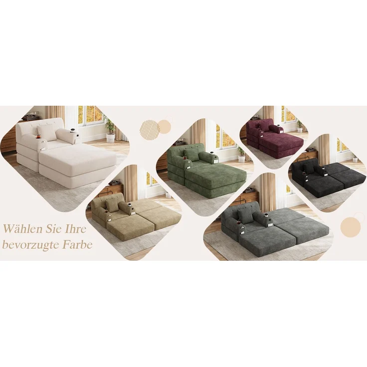 ZUBALIYA Schlafsofa 162x81 cm, mit Stauraum, mit Samtbezug, mit Cordbezug, mit Knopfheftung, mit breiten Armlehnen, Beige – Bild 16