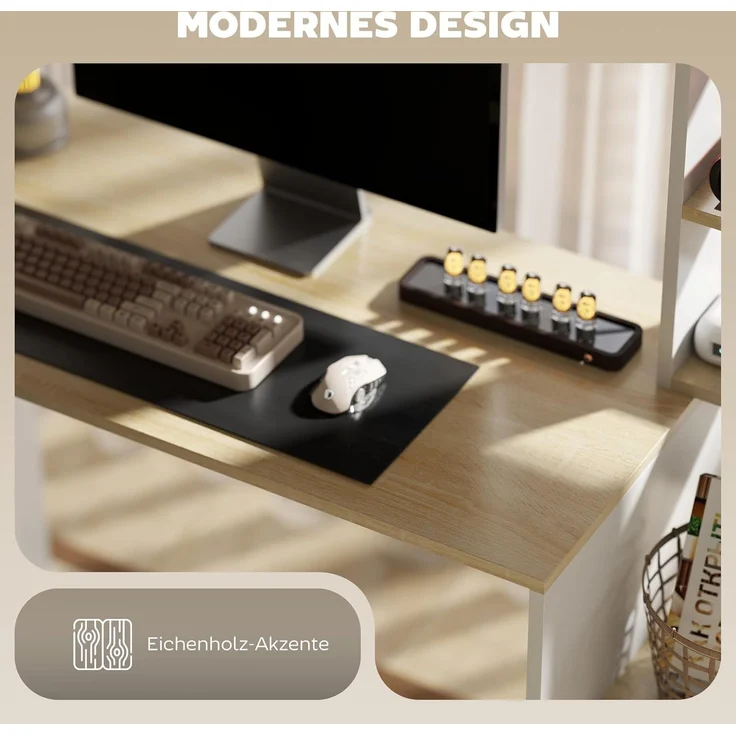 HOMCOM Computertisch mit offenen Regalen, CPU-Ständer, Stahlgestell (Schreibtisch, 1-St, Bürotisch), für Home Office, Schlafzimmer Eiche – Bild 5