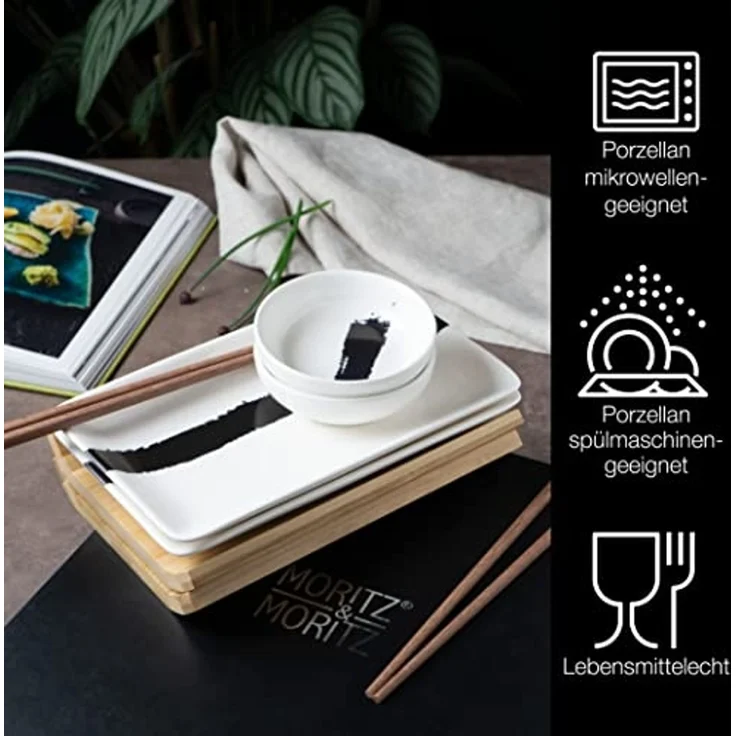 Moritz & Moritz Tafelservice Sushi Set 10tlg Pinselstrich Schwarz (8-tlg), 2 Personen, Geschirrset für 2 Personen – Bild 3