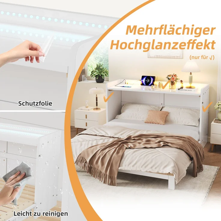 Kinderbett 140x200 cm in Weiß mit Hochglanz-Oberfläche, LED-Lichtleiste, USB-Anschluss und Schubladen – Bild 9