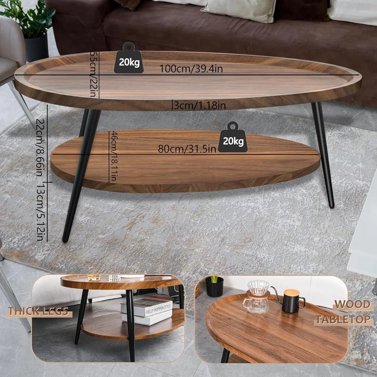 Ovaler Couchtisch Holz Wohnzimmer Tisch Stauraum Industrie-Design 100x55x38 cm – Bild 2