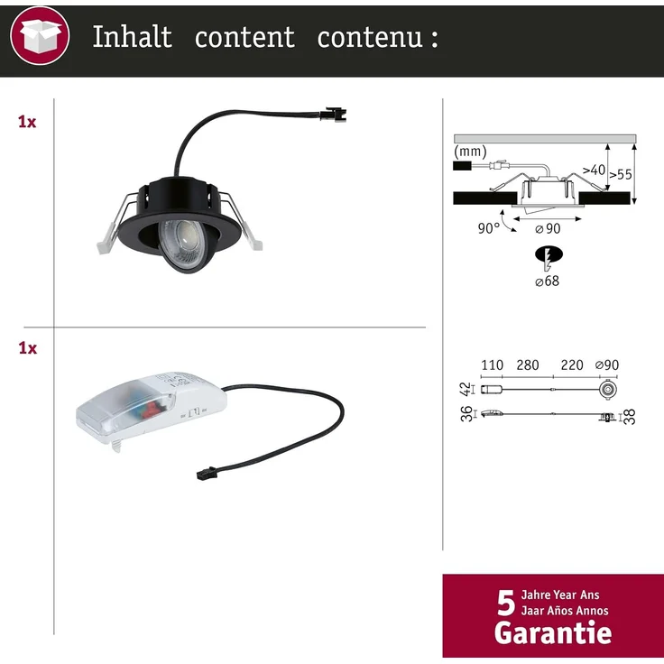 Paulmann LED-Einbauleuchte Zina 5/8 W Ø 9 cm dimmbar schwarz matt – Bild 5